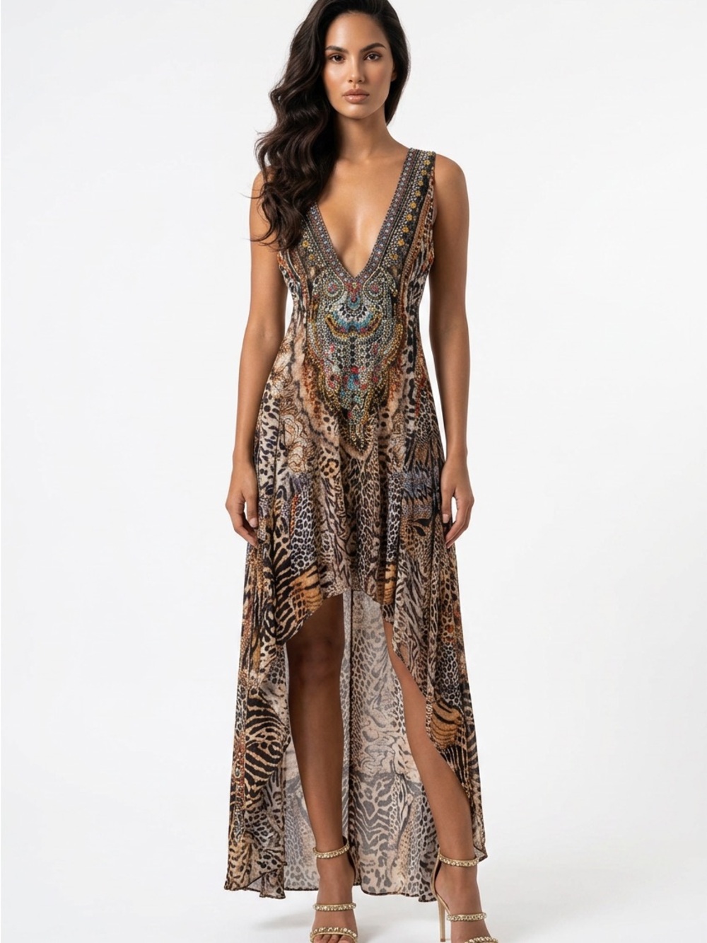 Asymmetrical Animal-Print Maxi Dress in Brown